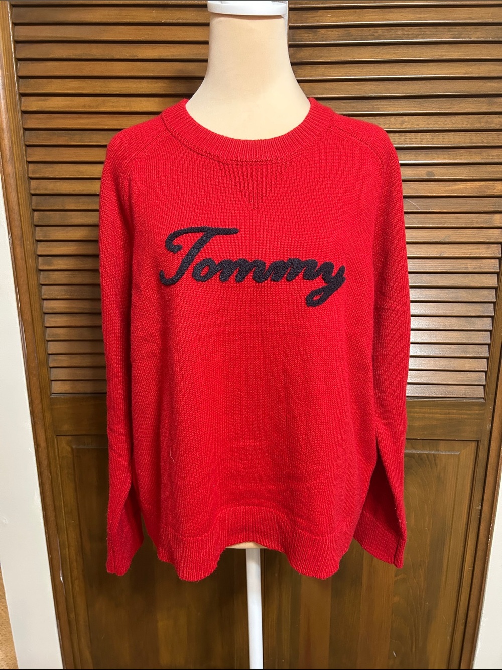 Tommy Hilfiger Red Crewneck Long Sleeve Sweater Script Logo on the Sleeve Size L